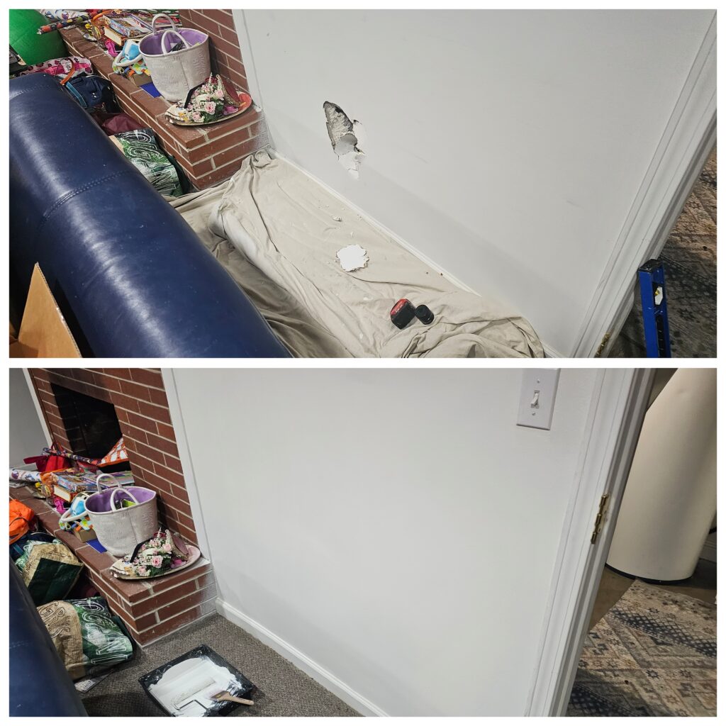 Drywall repair. Wall before and after image of repair.